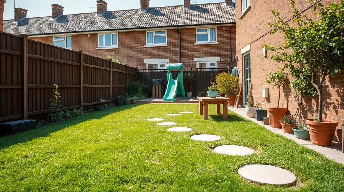 Neat artificial lawn in a small family garden