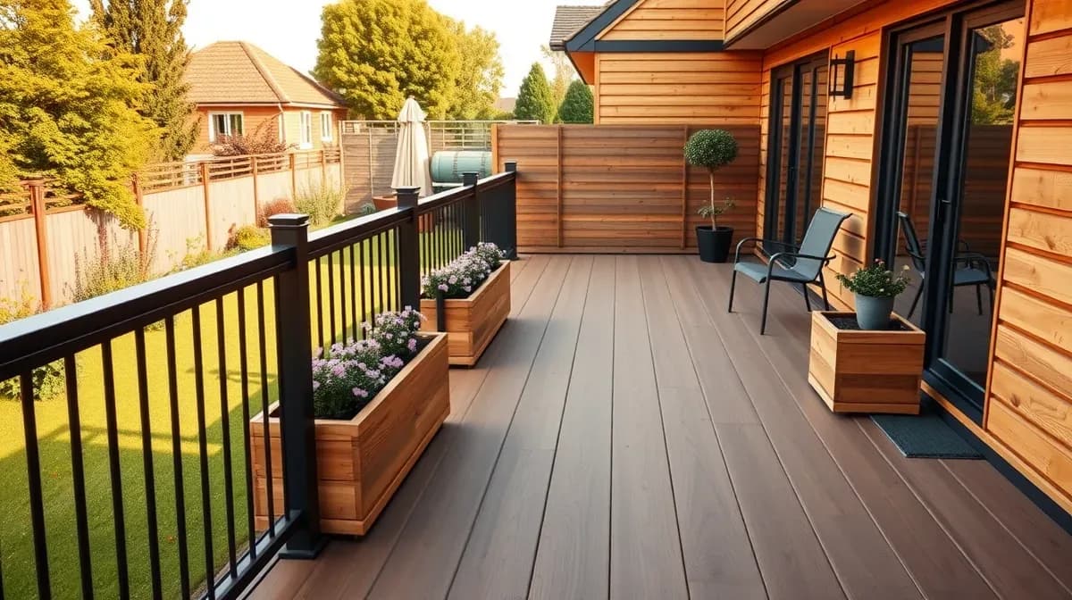 Composite decking terrace with planters and balustrade