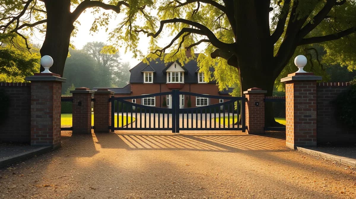 Gravel driveway with brick edging and timber five-bar gates