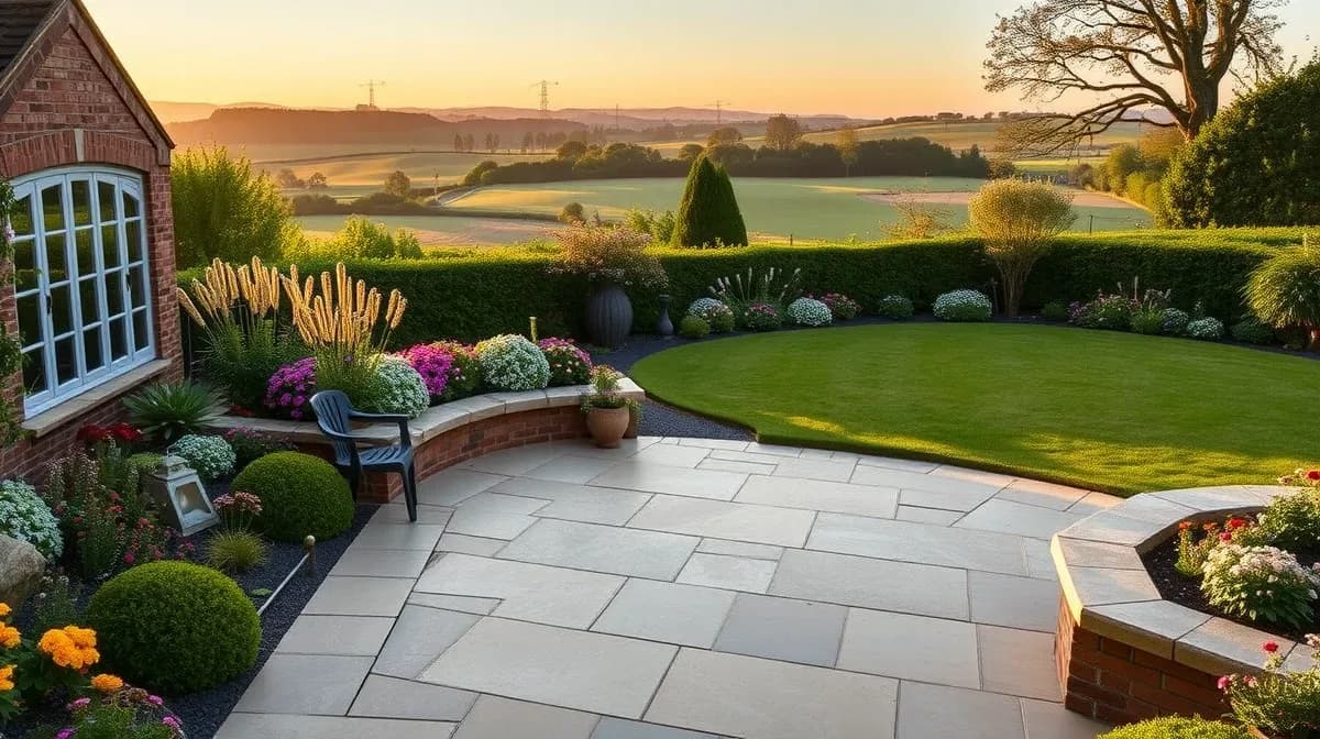 Designed English country garden with porcelain patio and deep borders