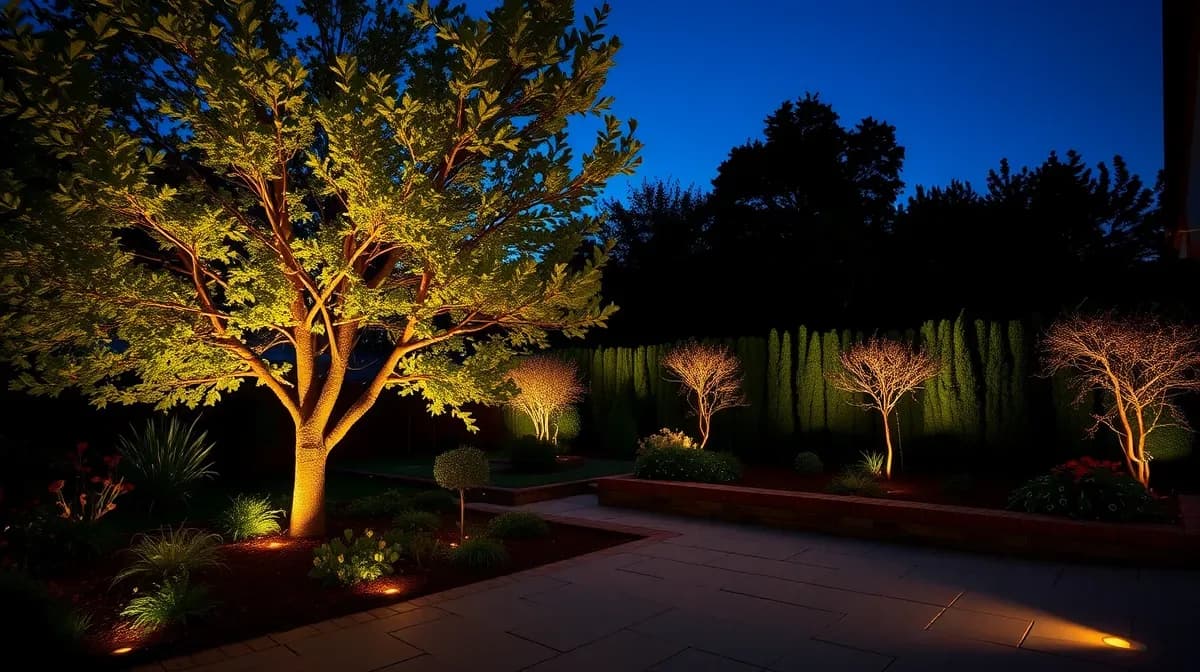 Garden at dusk with warm LED uplighting on a birch