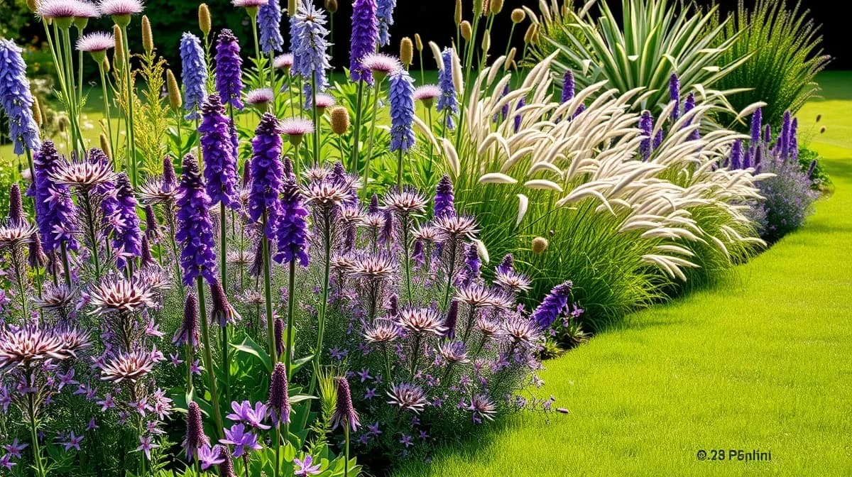 Weeded and mulched border with lavender and ornamental grasses