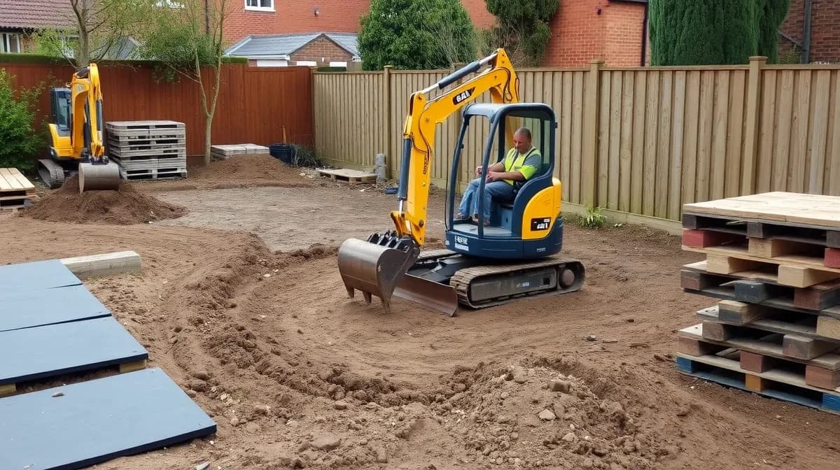 Mini excavator levelling ground after a garden has been cleared
