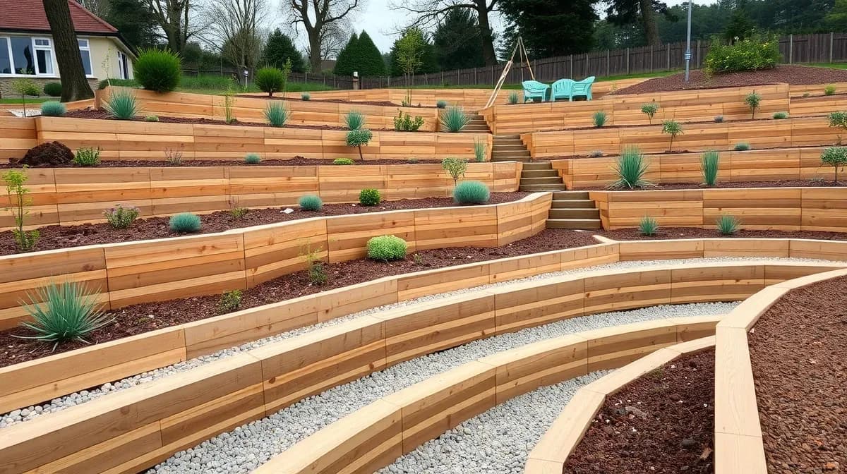 Oak sleeper retaining walls terracing a sloping garden
